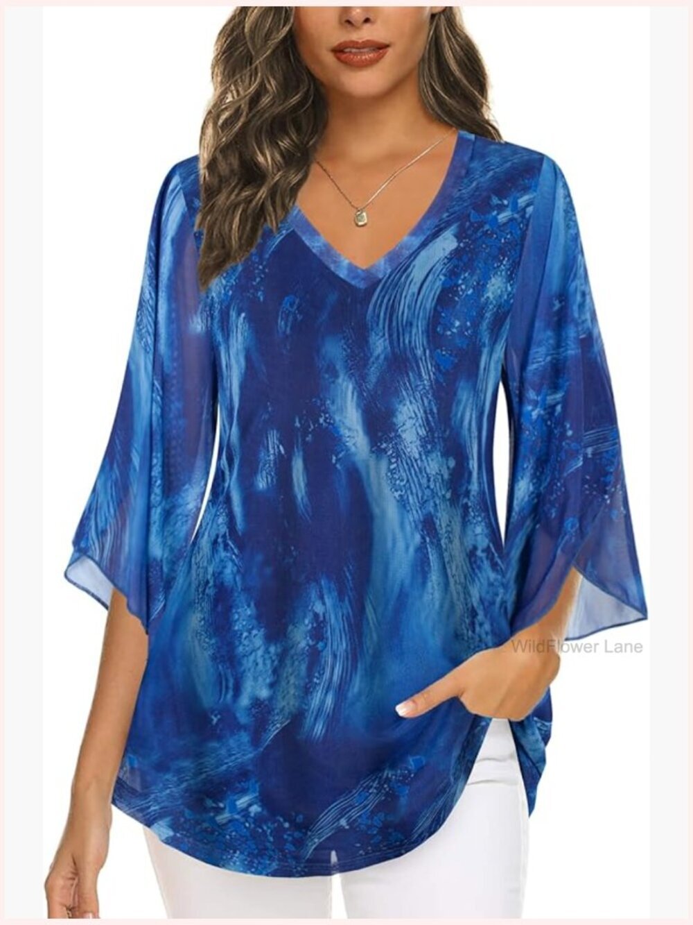 3/4 Sleeve V Neck Double Layers Blouses Dressy Casual Top